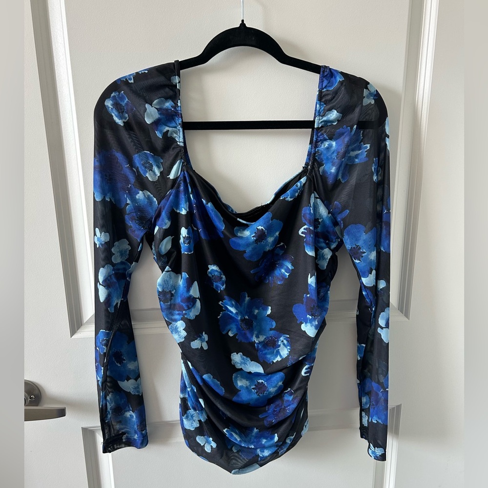 New York & Company | Long Sleeve Floral Ruched Mesh Top